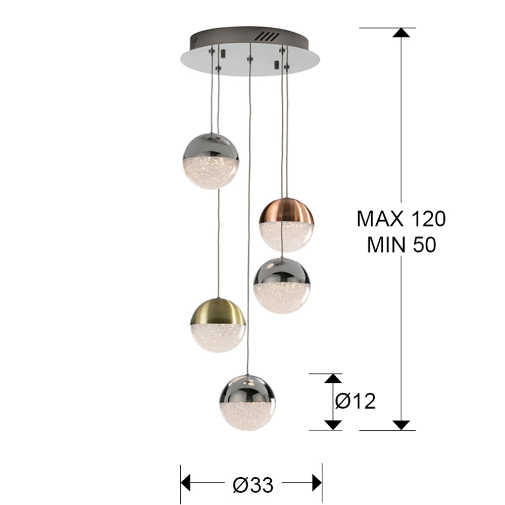 Plano con medidas de Lámpara Colgante LED Sphere 5 Luces 24W Multiacabado Schuller