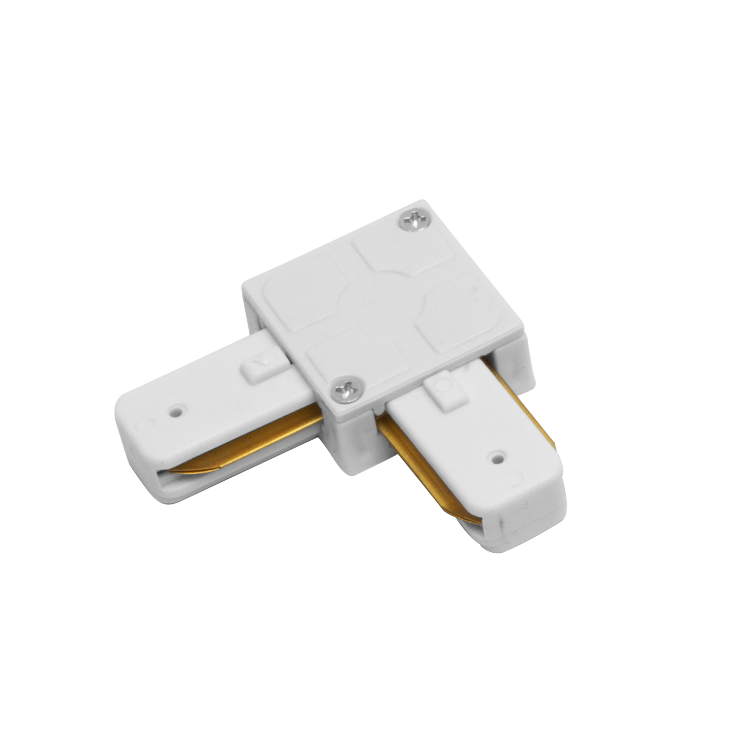 Conector Pindal fabricado en aluminio color blanco, ideal para sistemas de iluminación