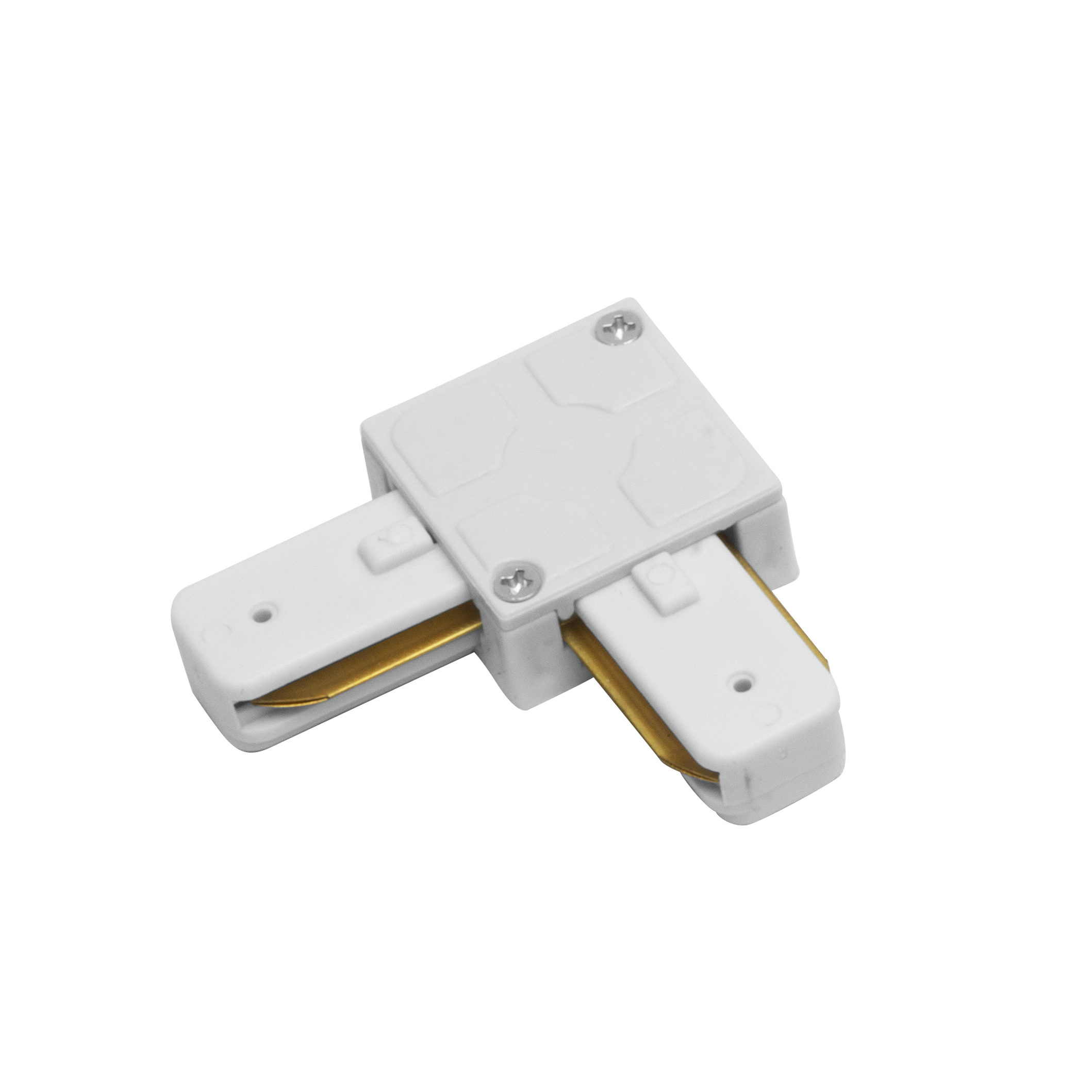 Conector Pindal fabricado en aluminio color blanco, ideal para sistemas de iluminación