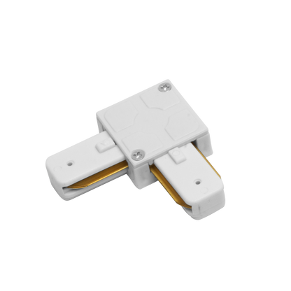 Conector Pindal fabricado en aluminio color blanco, ideal para sistemas de iluminación