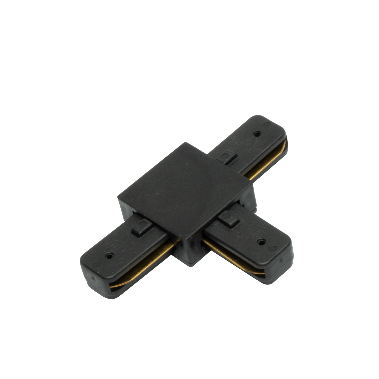 Conector en T Pindal Negro de Fabrilamp, vista frontal.  Ideal para iluminación profesional.