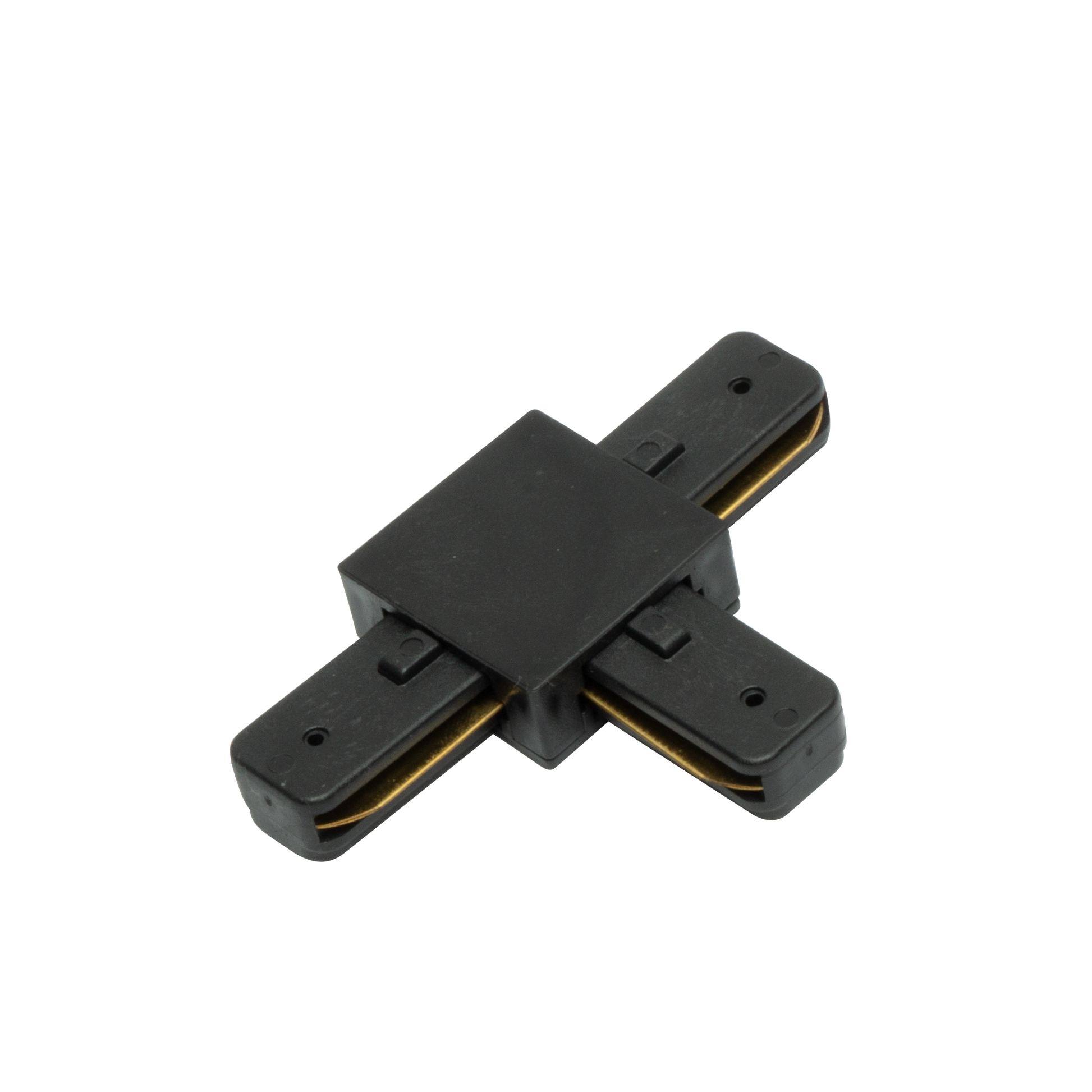 Conector en T Pindal Negro de Fabrilamp, vista frontal.  Ideal para iluminación profesional.