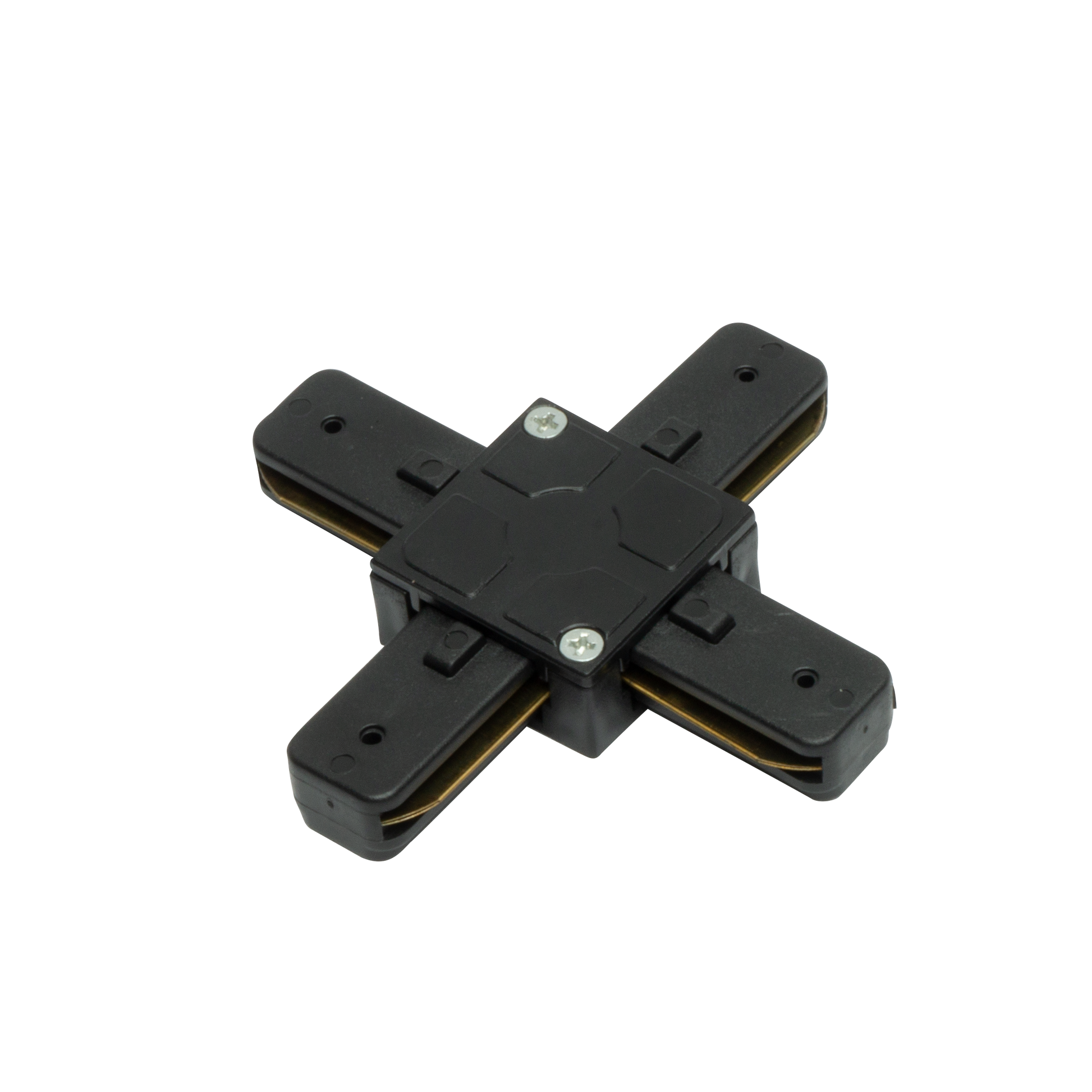 Conector Pindal fabricado en aluminio color negro para focos de carril