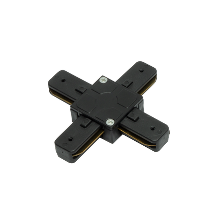 Conector Pindal fabricado en aluminio color negro para focos de carril