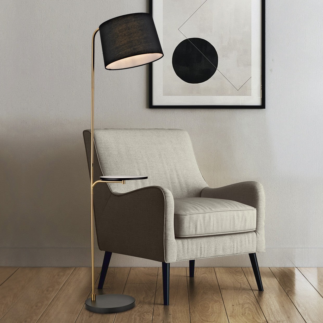 Pie de salón Tau instalado en salón moderno con luz ambiente