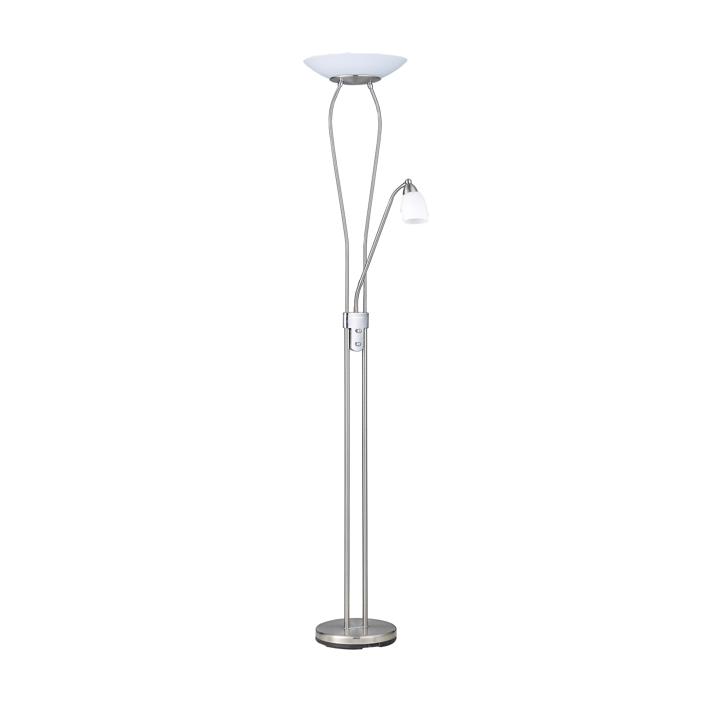Lámpara de pie Wolf fabricada en metal color níquel con tulipa de cristal blanco, Fabrilamp / Abrila.