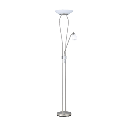 Lámpara de pie Wolf fabricada en metal color níquel con tulipa de cristal blanco, Fabrilamp / Abrila.
