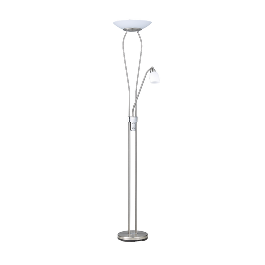 Lámpara de pie Wolf fabricada en metal color níquel con tulipa de cristal blanco, Fabrilamp / Abrila.