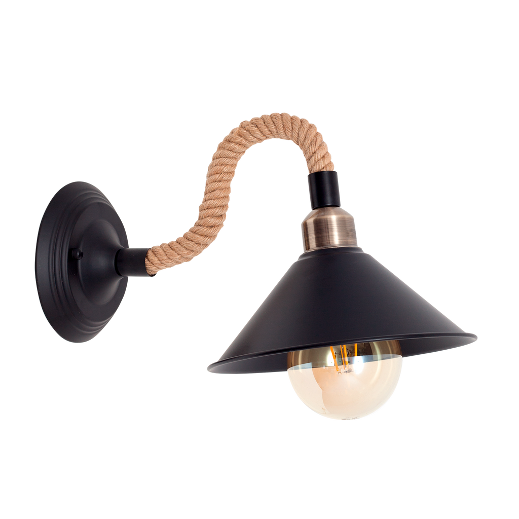 Aplique Cabo Negro de Fabrilamp, vista frontal, detalle de la cuerda de cáñamo y metal.