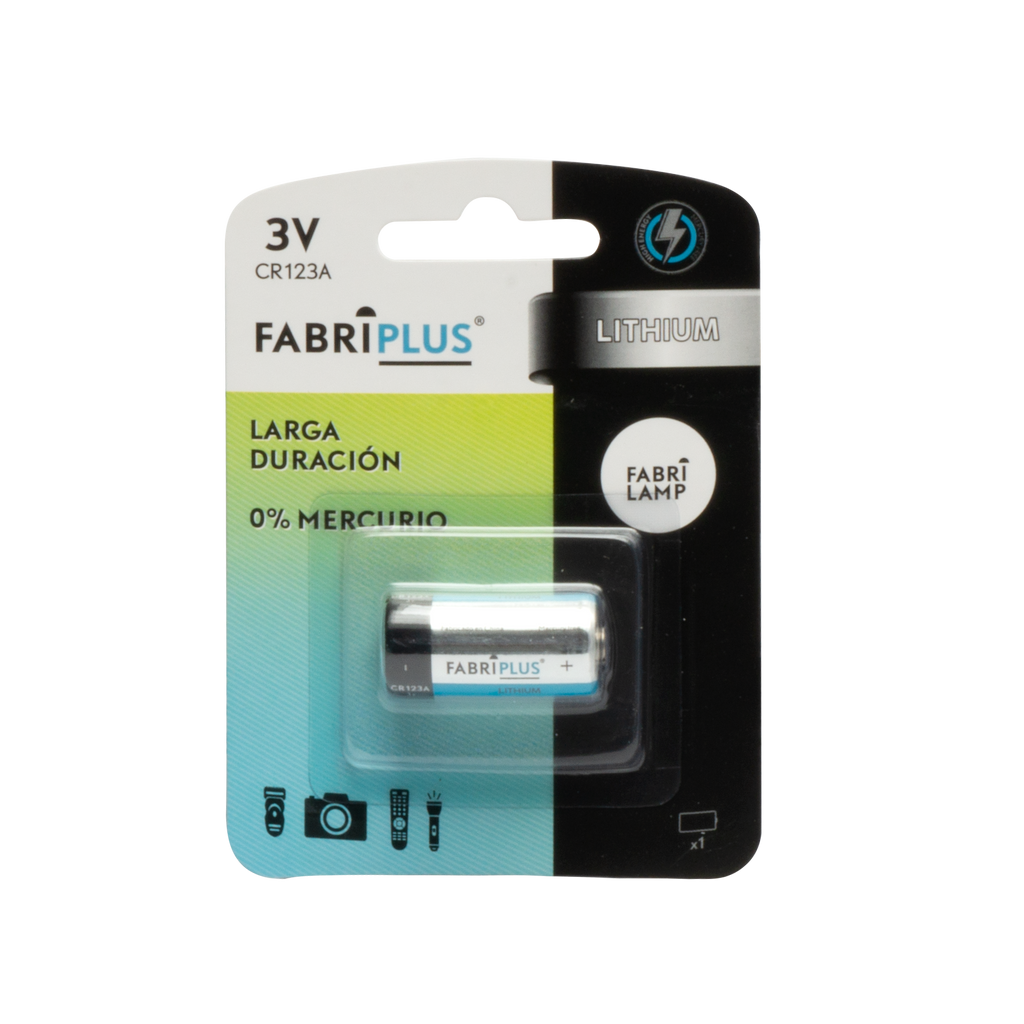 Blister con una pila CR123A 3V Fabriplus de Litio. Ideal para dispositivos electrónicos.