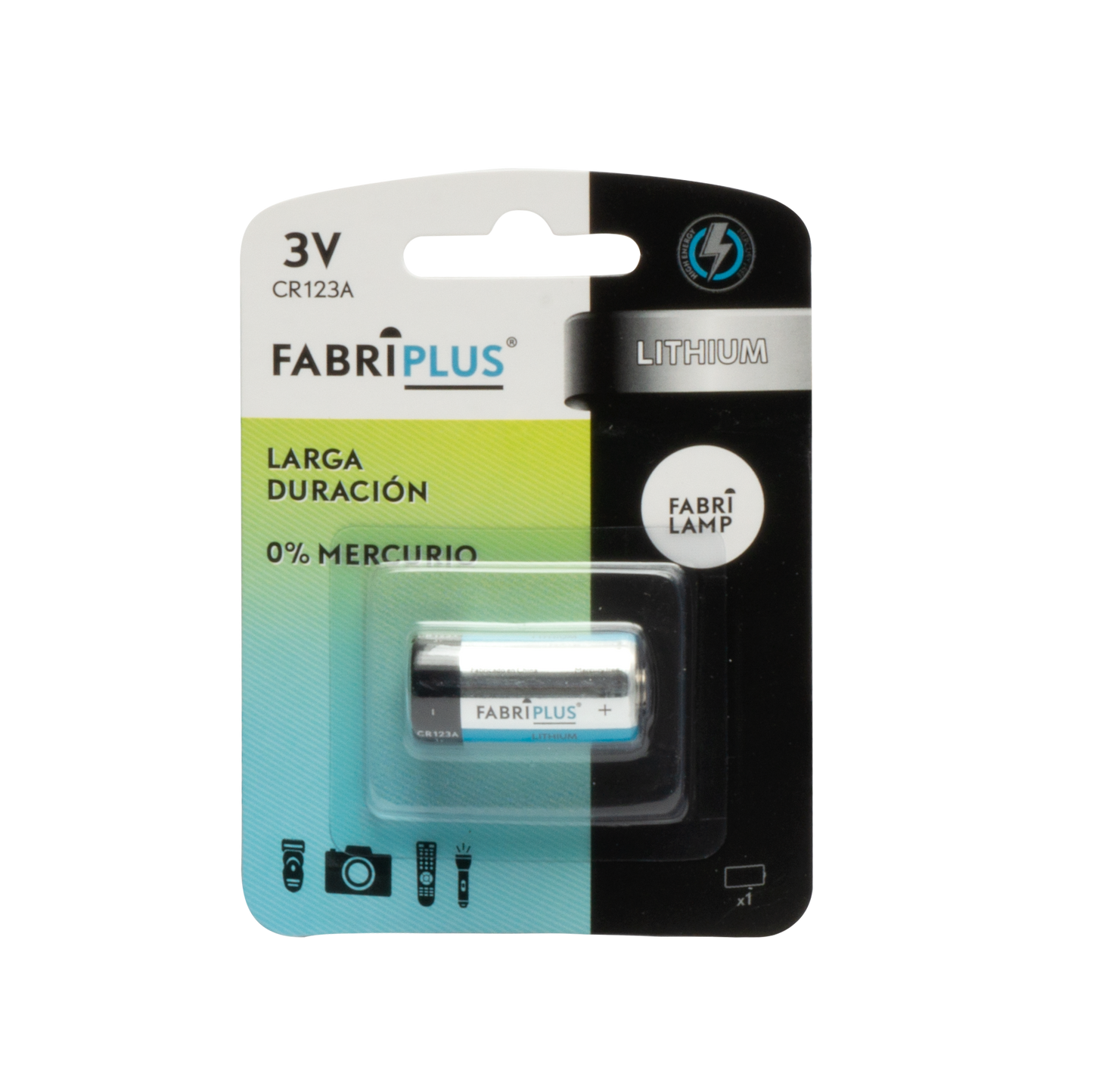 Blister con una pila CR123A 3V Fabriplus de Litio. Ideal para dispositivos electrónicos.