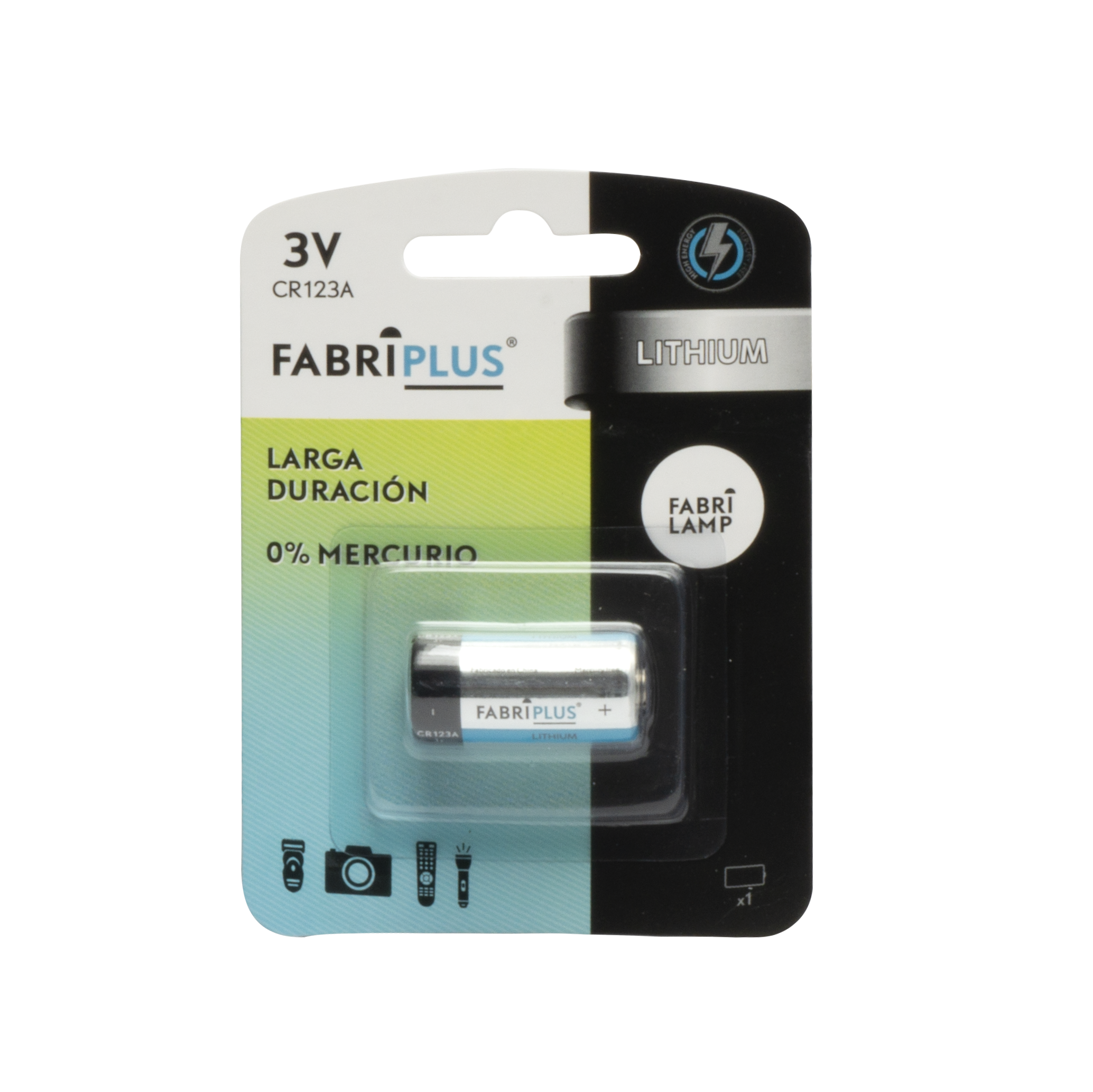 Blister con una pila CR123A 3V Fabriplus de Litio. Ideal para dispositivos electrónicos.