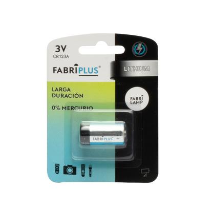 Blister con una pila CR123A 3V Fabriplus de Litio. Ideal para dispositivos electrónicos.