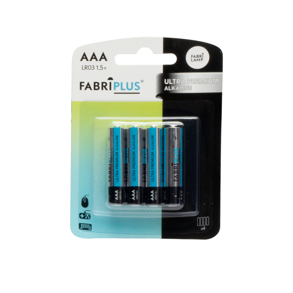 Blister de 4 pilas AAA LR03 Fabriplus alcalinas, vista frontal.