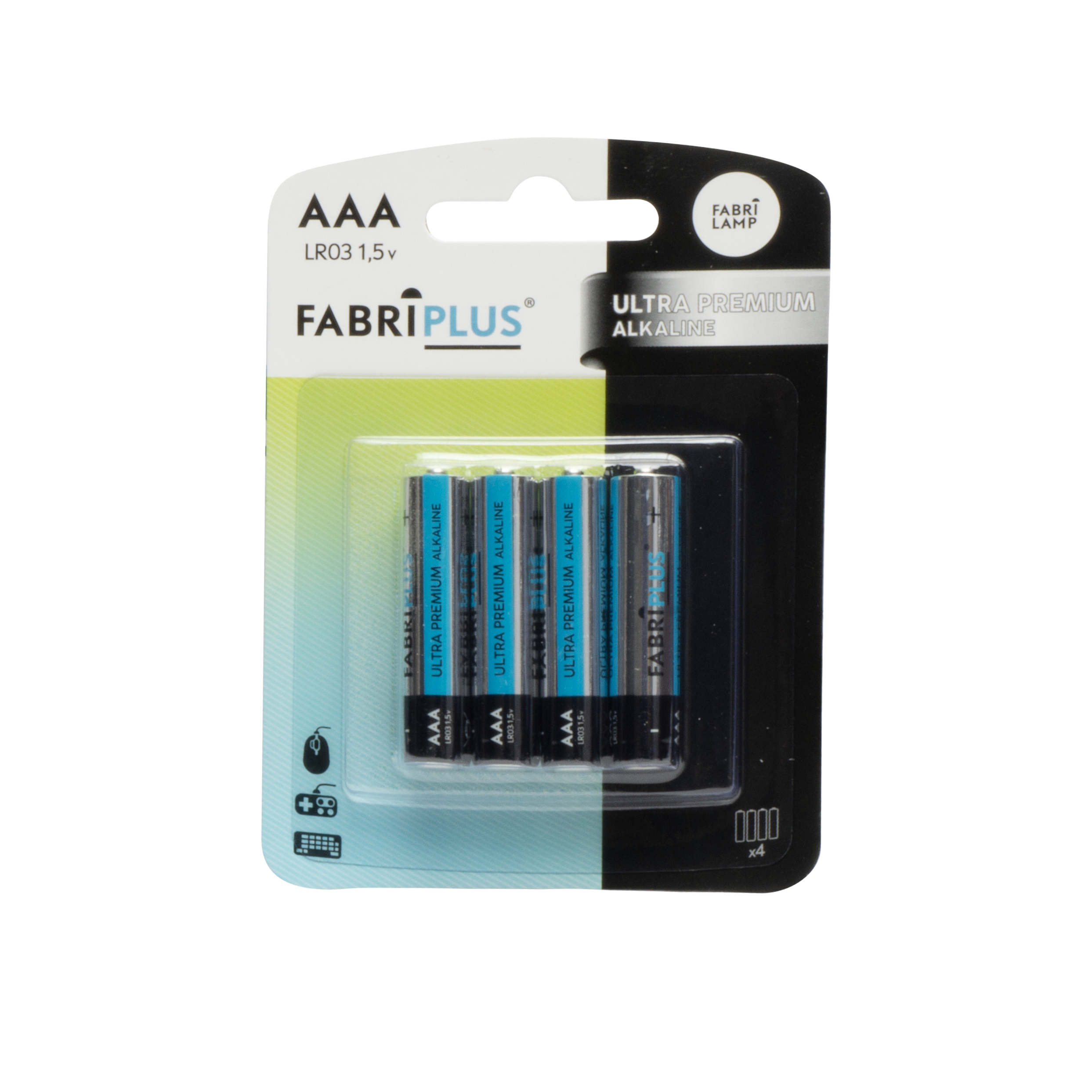 Blister de 4 pilas AAA LR03 Fabriplus alcalinas, vista frontal.