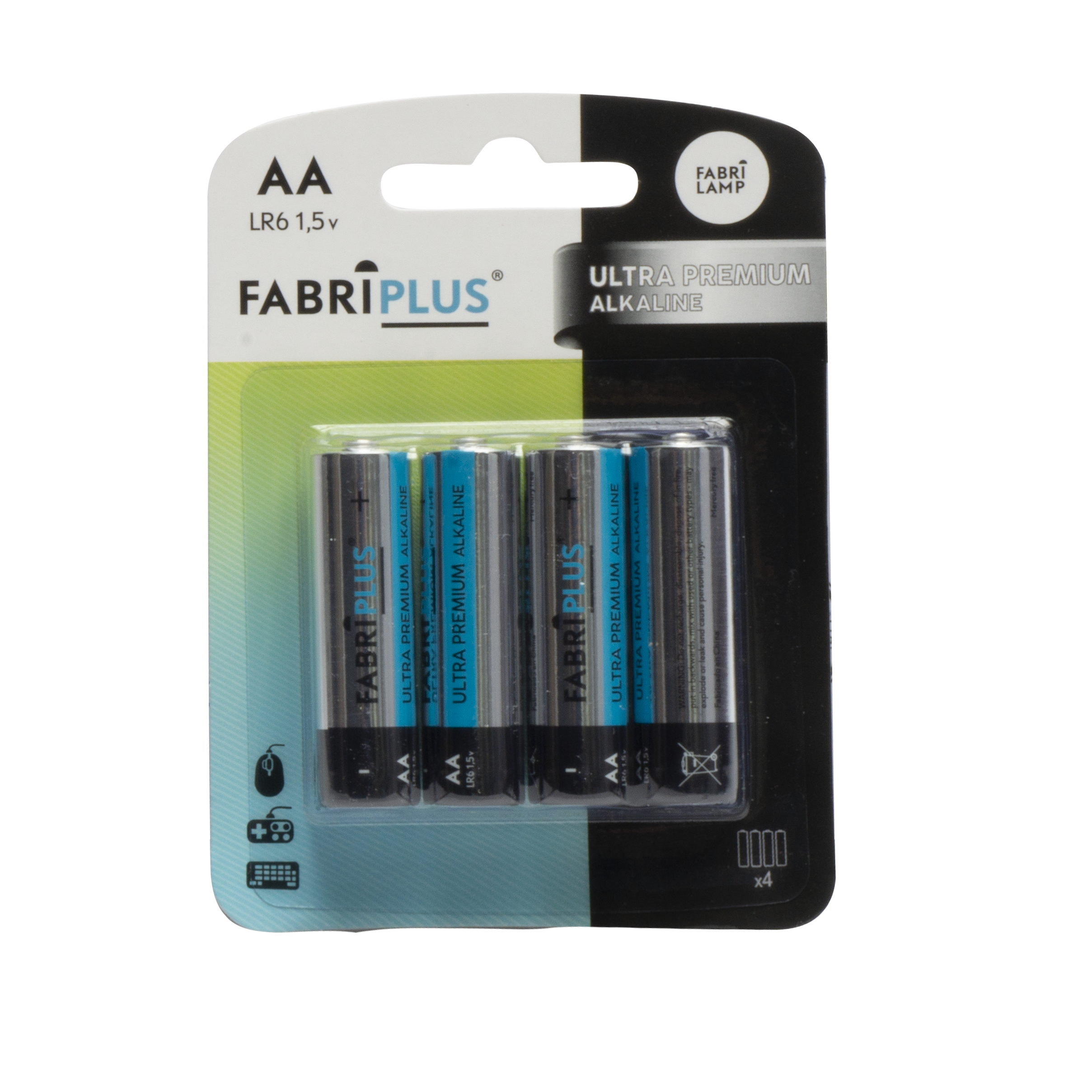 Blister de 4 pilas alcalinas AA LR6 Fabriplus, 1.5V, 0% mercurio. Imagen frontal.