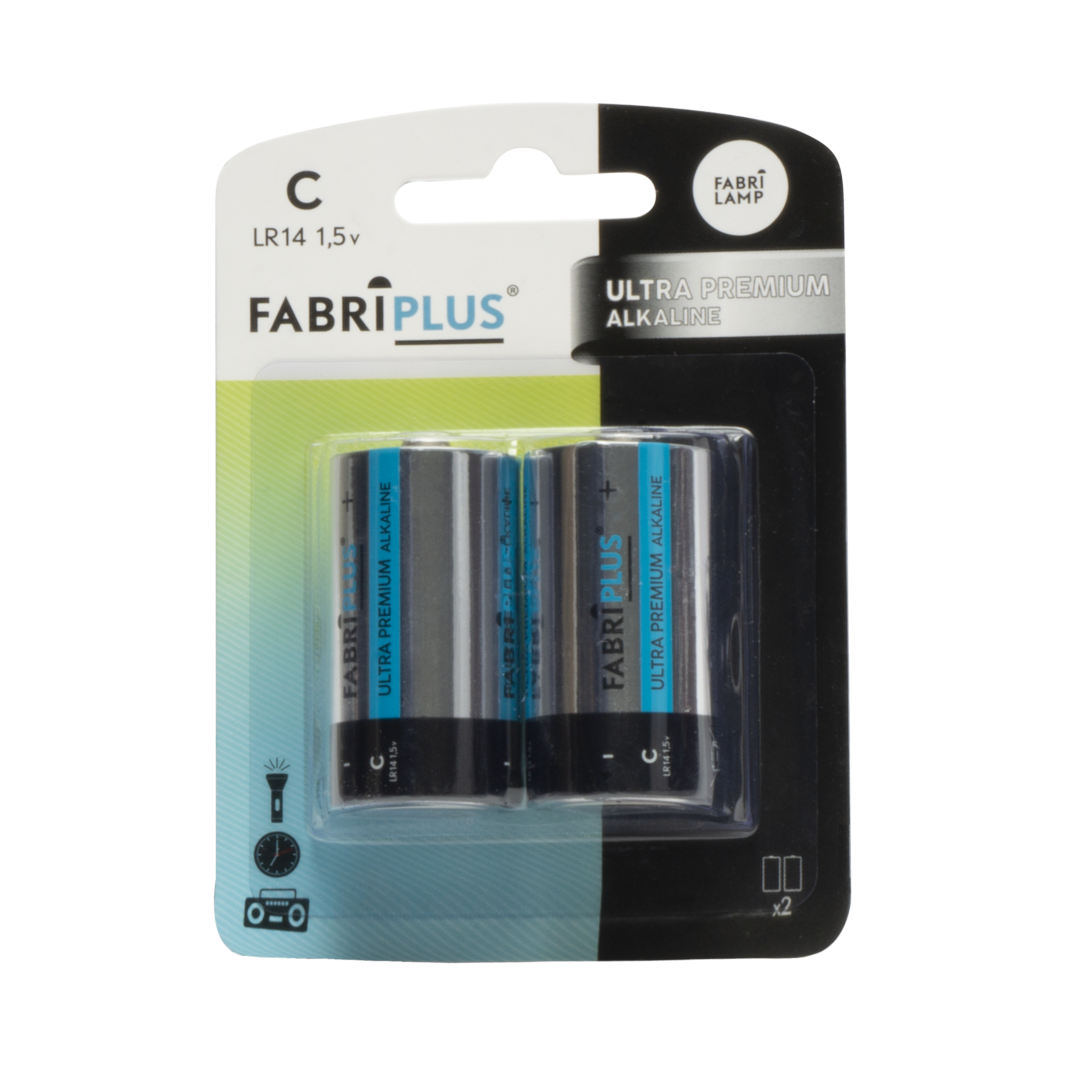 Blister con dos pilas alcalinas Fabriplus LR14 de 1.5V, 0% mercurio.  Ideal para dispositivos de bajo consumo.