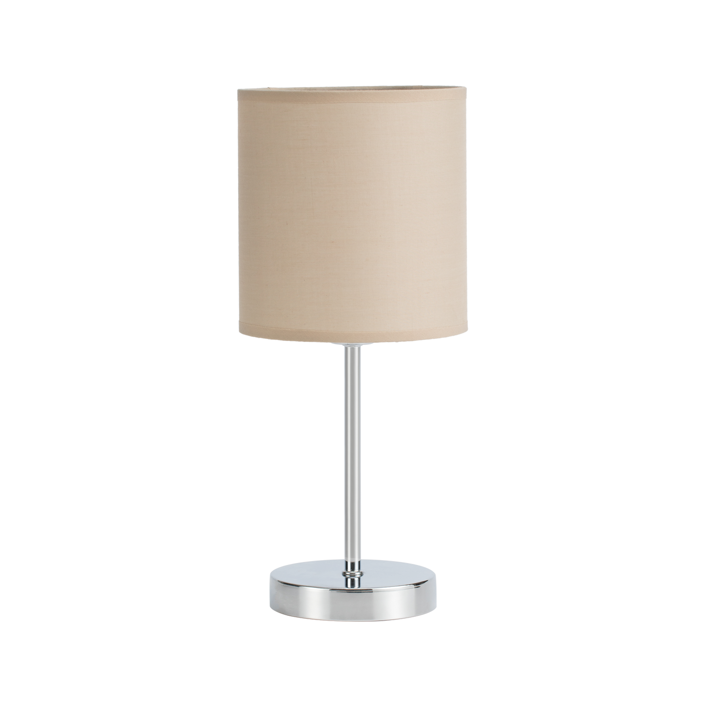 Lámpara Chanza fabricada en metal color cromo y pantalla textil beige, Fabrilamp / Abrila