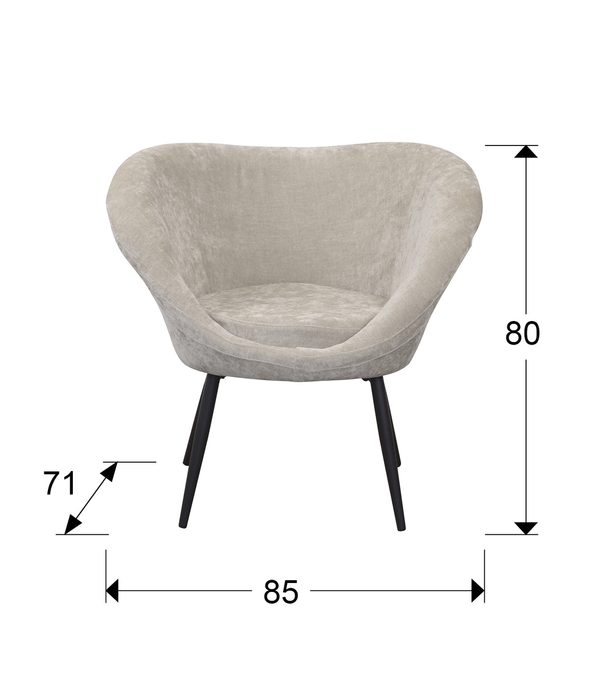 Plano con medidas de Butaca Ozome Tapizada en Chenilla Beige con Patas de Metal Negro Schuller