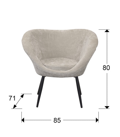 Plano con medidas de Butaca Ozome Tapizada en Chenilla Beige con Patas de Metal Negro Schuller