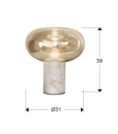 Plano con medidas de Lámpara de Sobremesa Fungi 39 cm Mármol Blanco y Ámbar Schuller