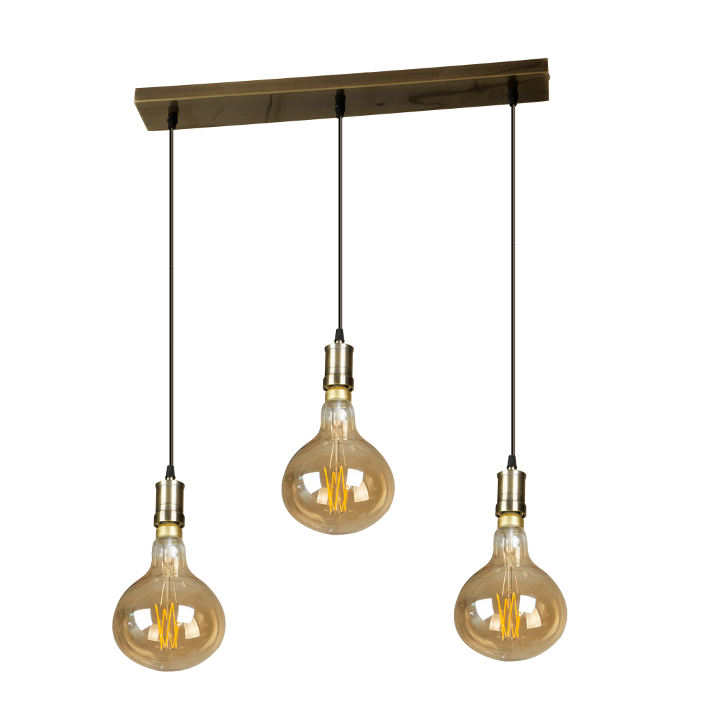 Lámpara colgante Sira 3xE27 Ámbar/Cuero de Fabrilamp, vista frontal. Bombillas LED incluidas.