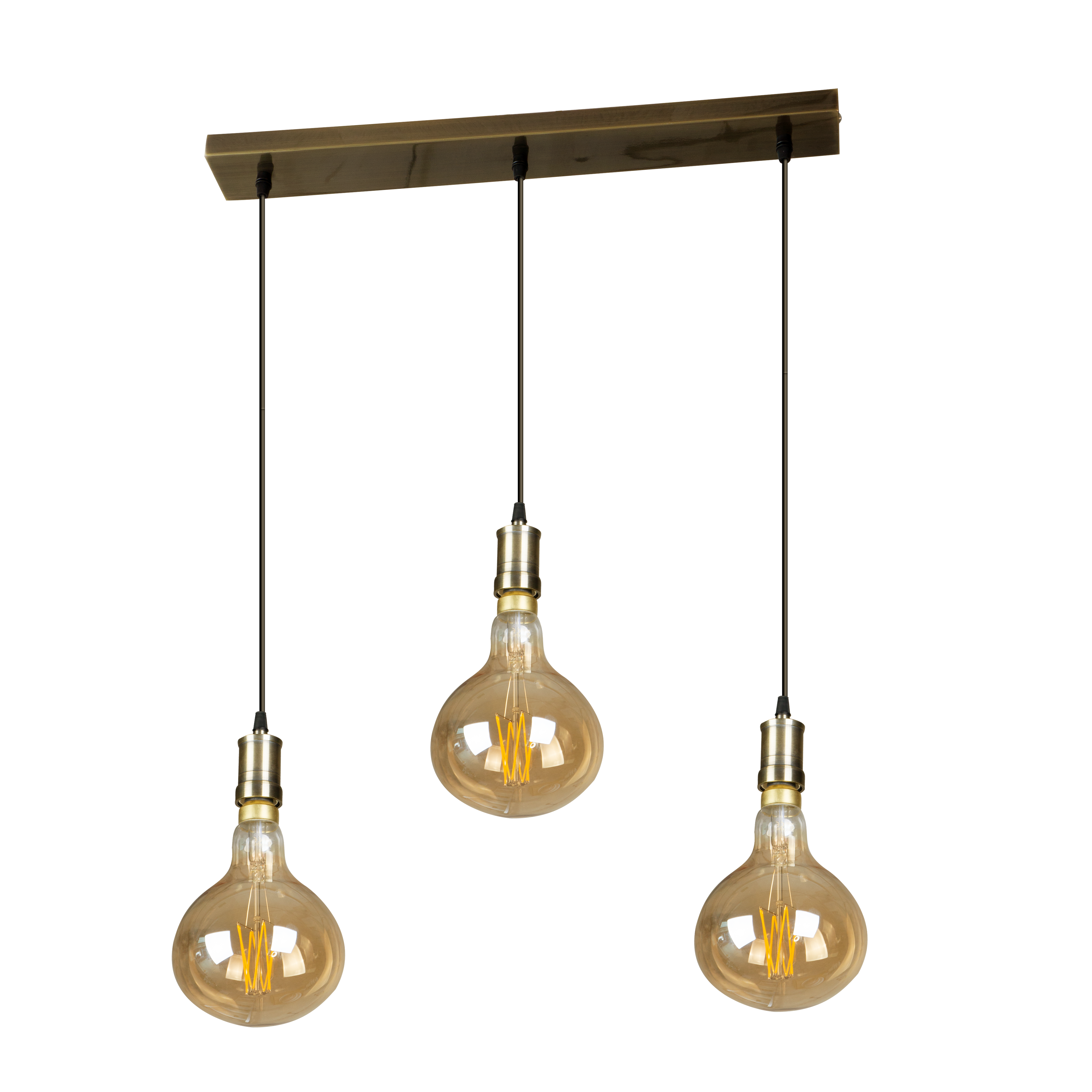 Lámpara colgante Sira 3xE27 Ámbar/Cuero de Fabrilamp, vista frontal. Bombillas LED incluidas.