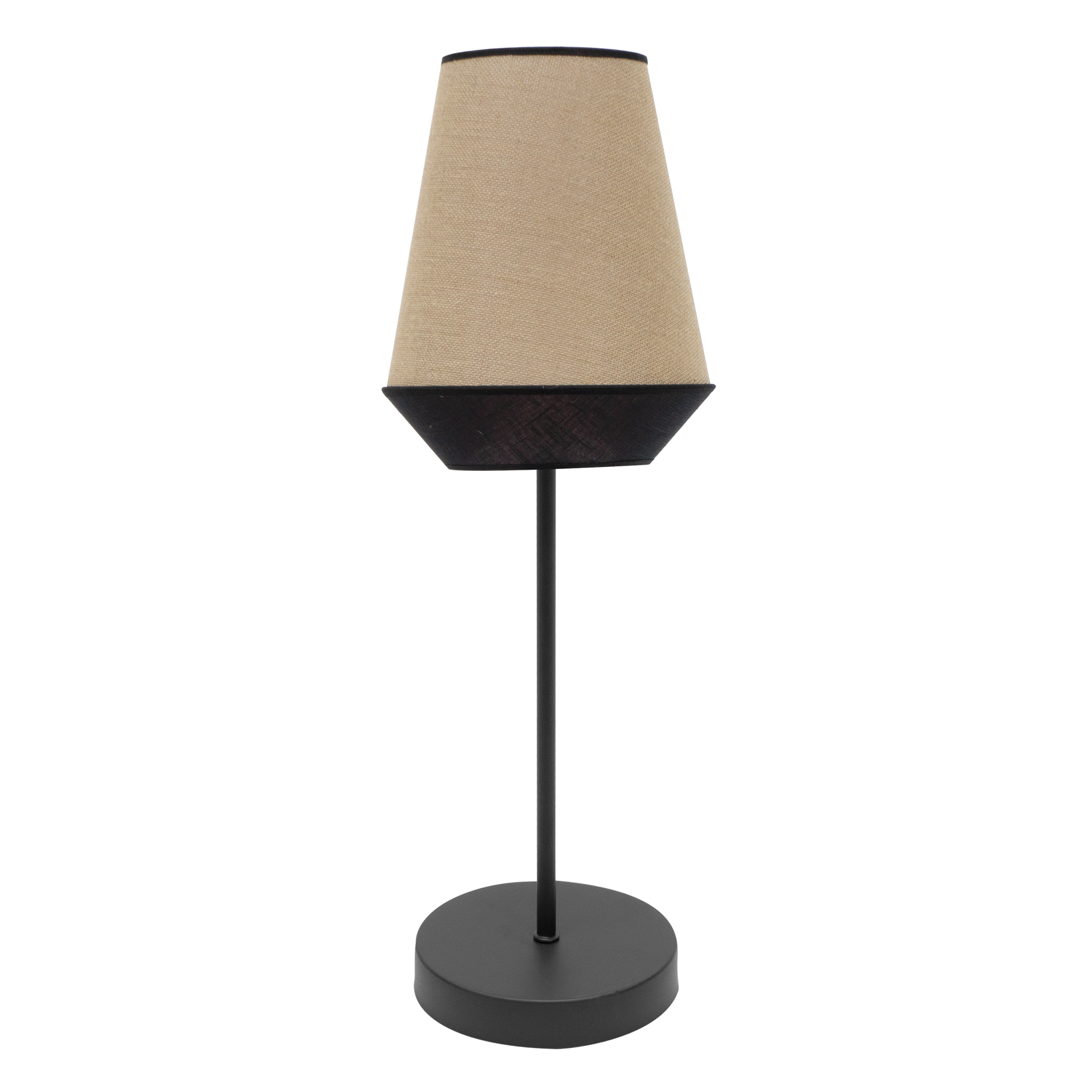 Lámpara de mesa hecha en textil y metal color saco y negro
