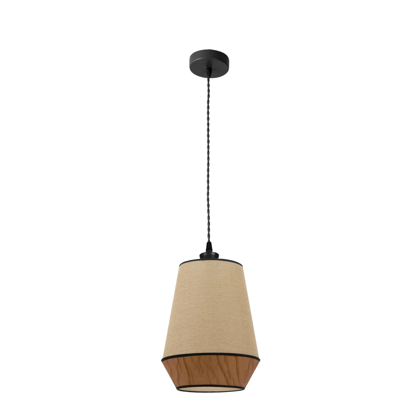 Lámpara colgante fabricada en metal y textil color saco/marrón/negro
