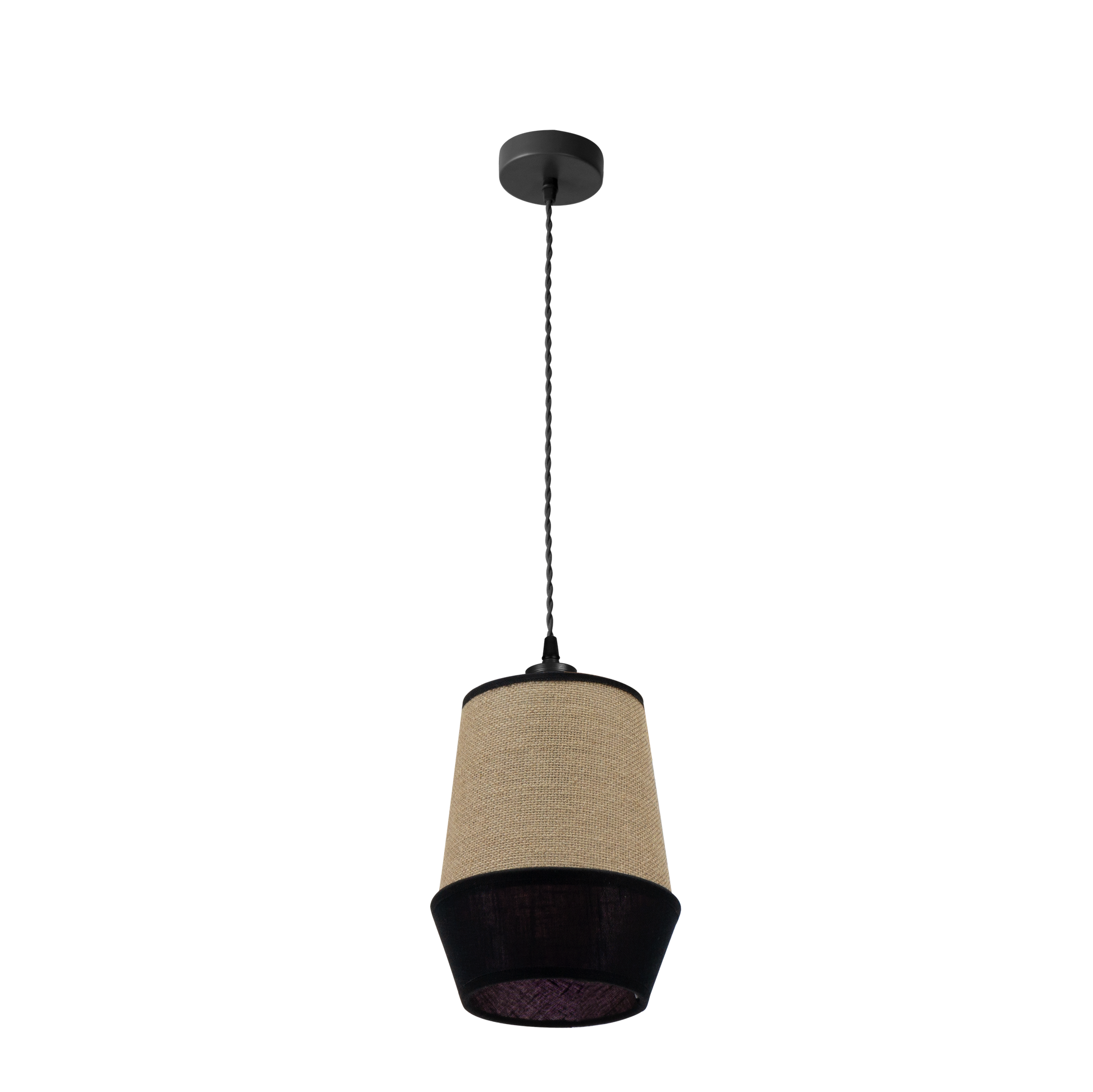 Lámpara colgante hecha en textil color saco y negro, ideal para interiores