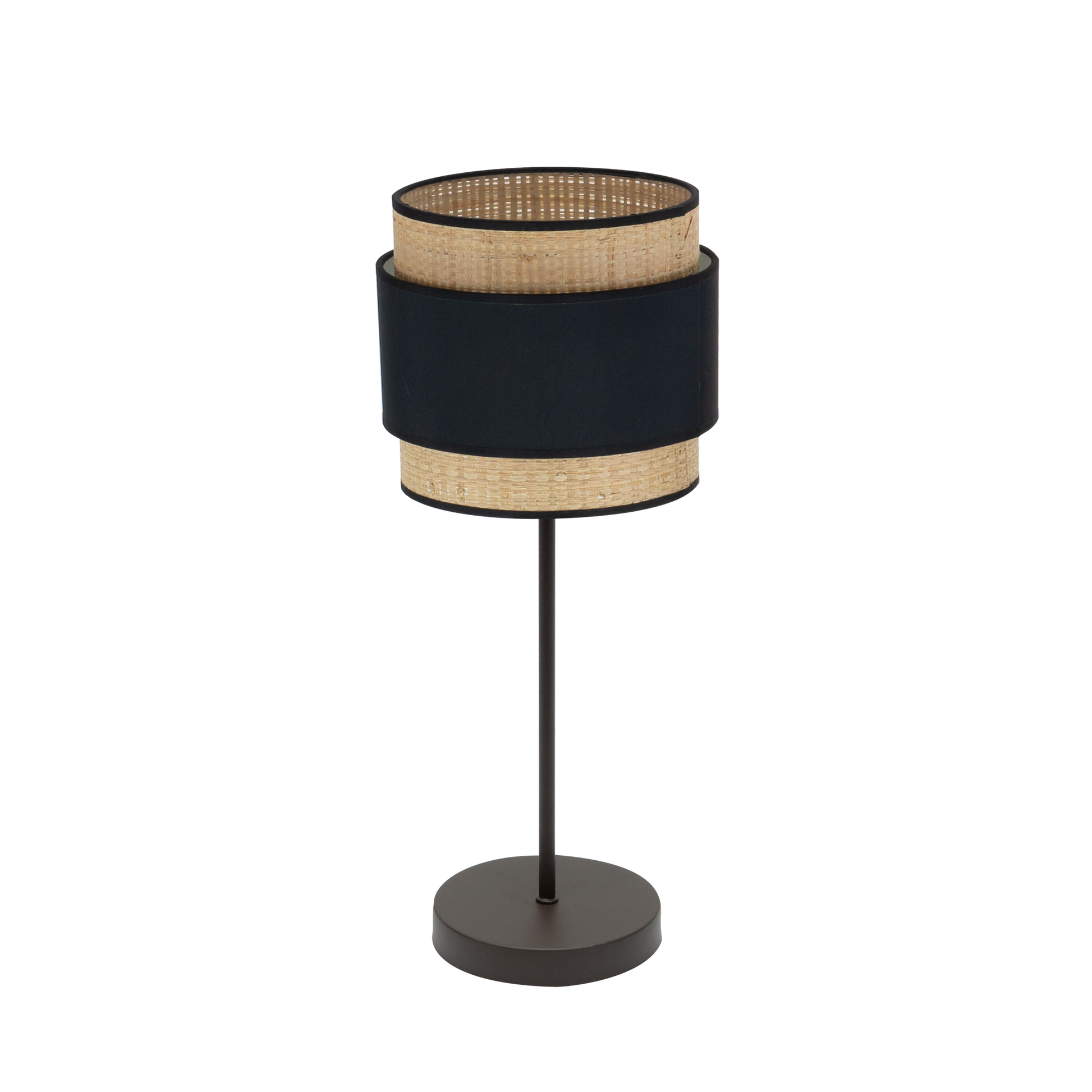 Lámpara Kandy fabricada en metal y textil color negro y natural, ideal para luz ambiental