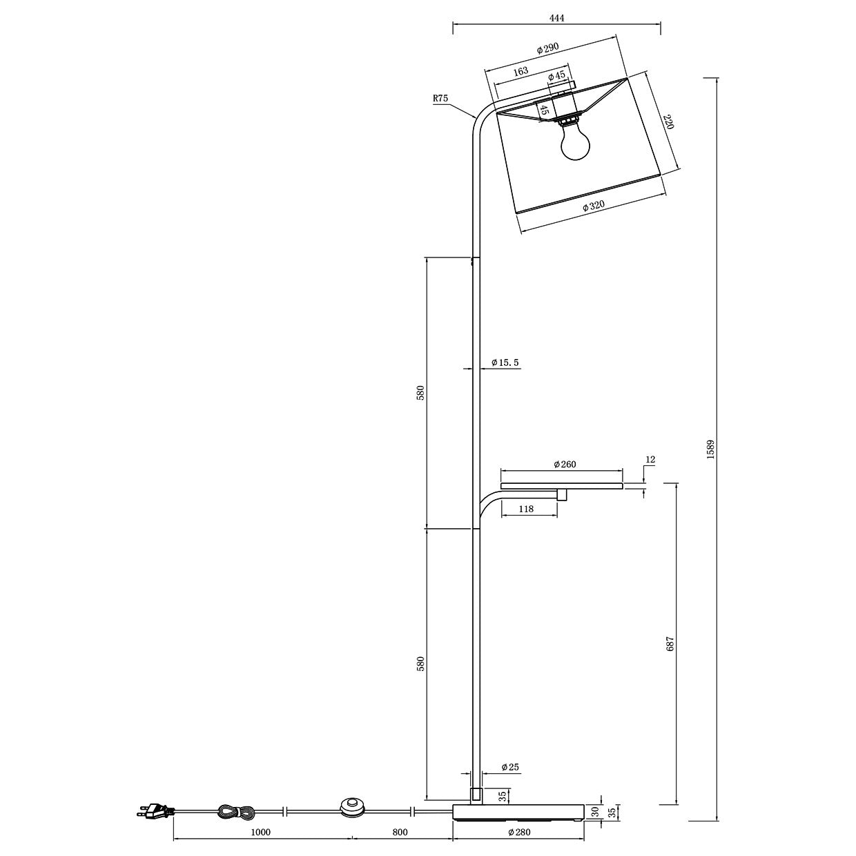 Esquema con dimensiones del pie de salón Tau ALEMAR