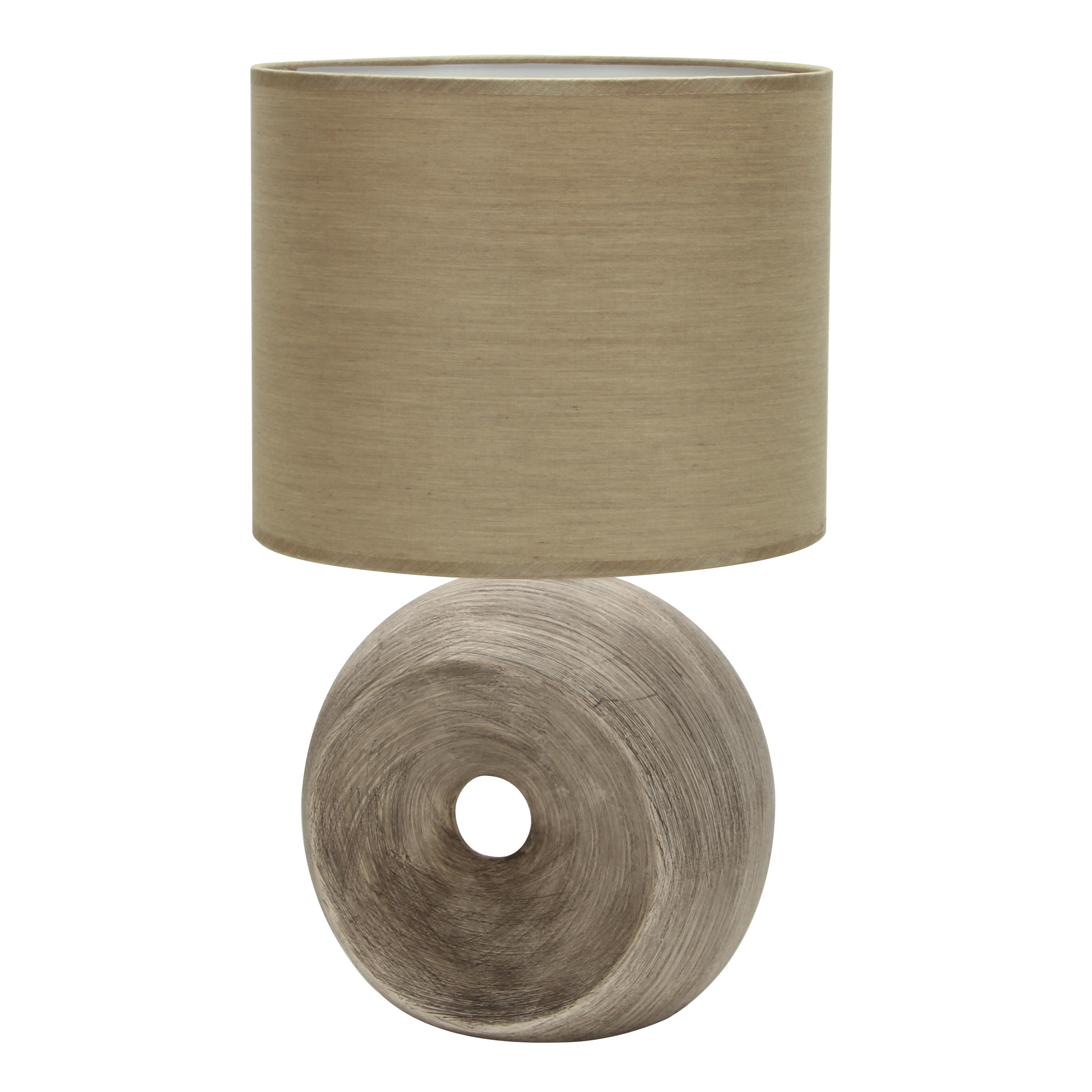 Lámpara hecha en cerámica color beige con pantalla textil, ideal para salones