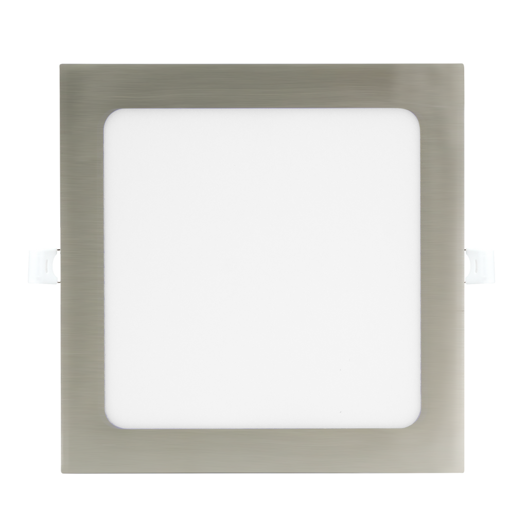 Downlight Basalto 12w 6500k Níquel cuadrado, vista frontal. Iluminación LED eficiente de Fabrilamp.
