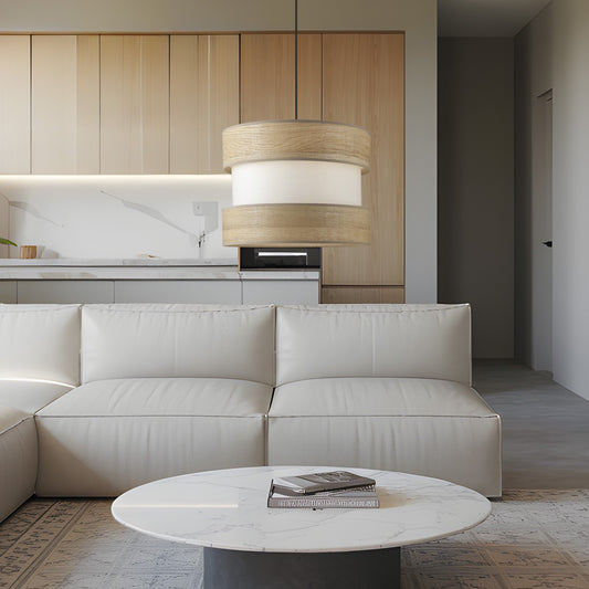 Colgante Dion instalado en salón moderno con detalles de tela cruda - Ambiente decorado