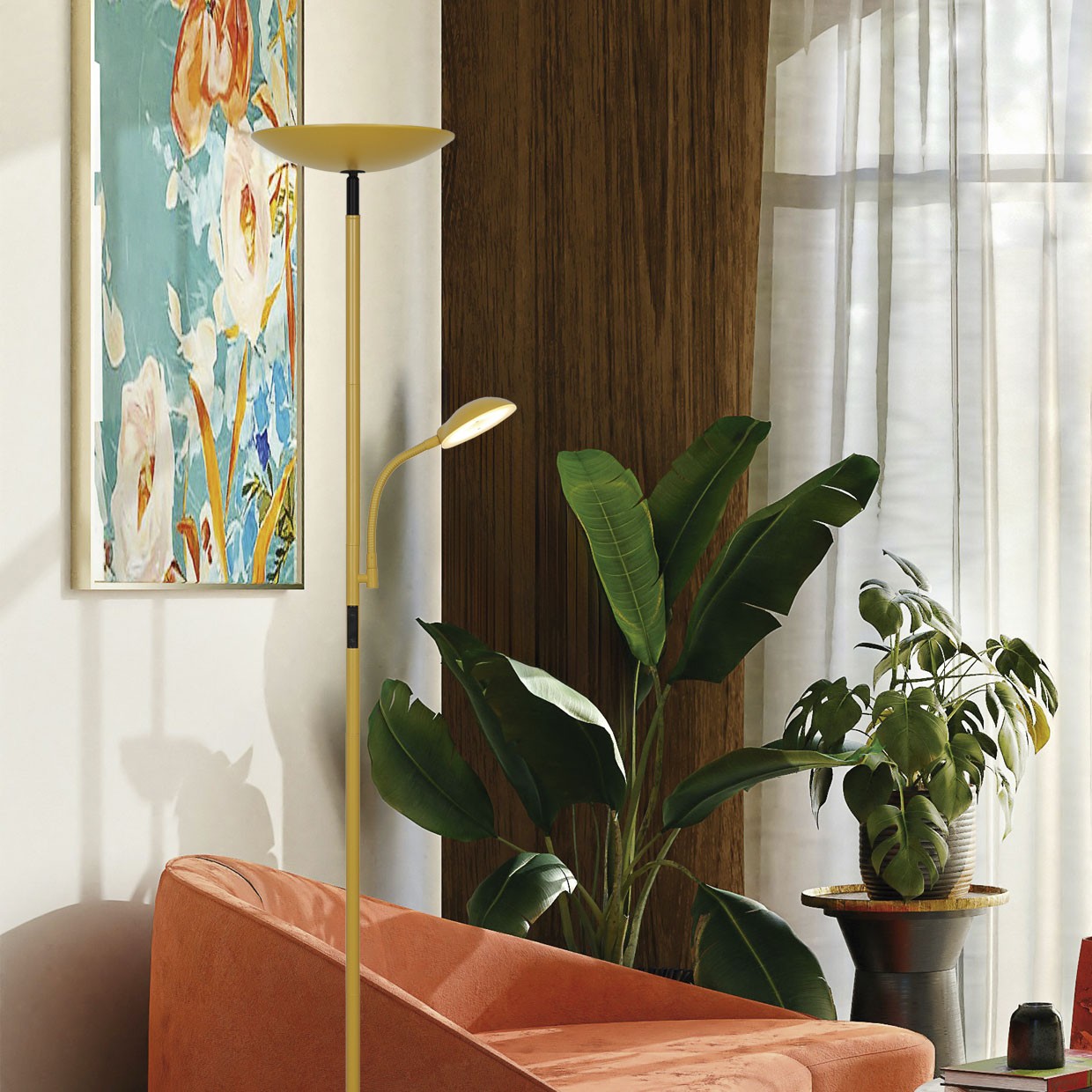 Pie de salón Kos Amarillo instalado en salón moderno - Ambiente de uso