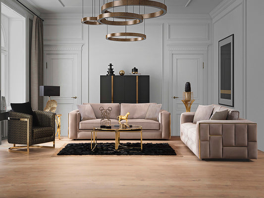 Ambiente de Sofá de 3 Plazas Berlin de Schuller (Berlin) en color Beis y Oro con estructura acolchada - Ref 9031036.

