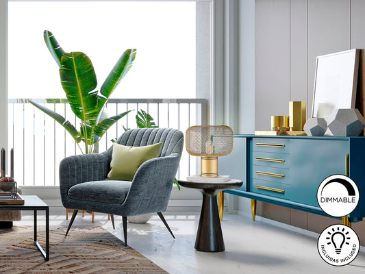 Lámpara de Sobremesa Osiris 30 cm Malla Metálica Oro Schuller en ambiente decorado | Schuller