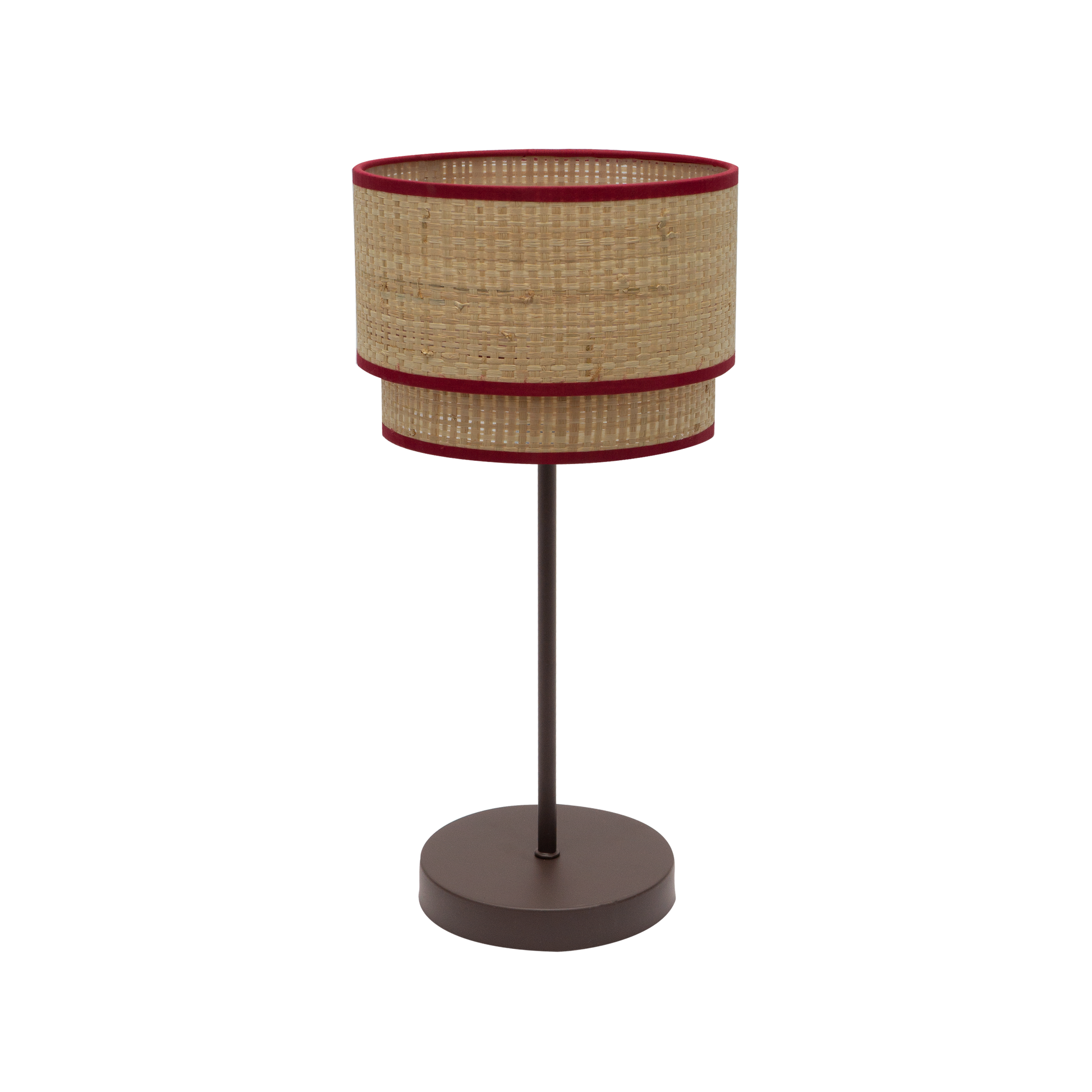 Lámpara Roque fabricada en textil color natural y rojo, ideal para iluminación ambiental suave
