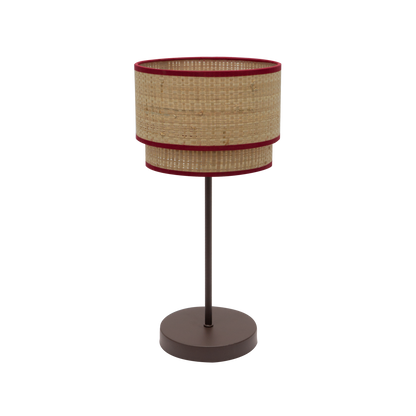 Lámpara Roque fabricada en textil color natural y rojo, ideal para iluminación ambiental suave