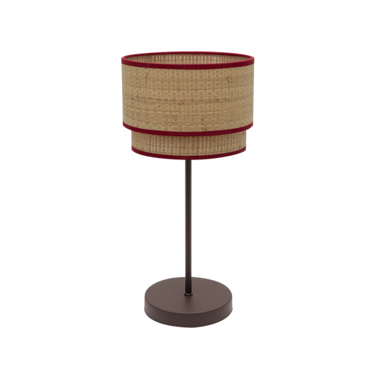 Lámpara Roque fabricada en textil color natural y rojo, ideal para iluminación ambiental suave