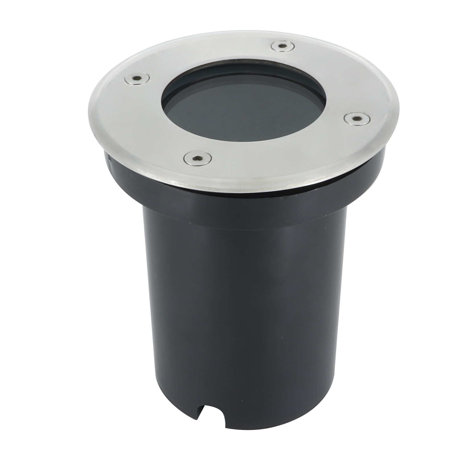 Empotrable fabricado en metal color níquel, ideal para iluminación exterior resistente.