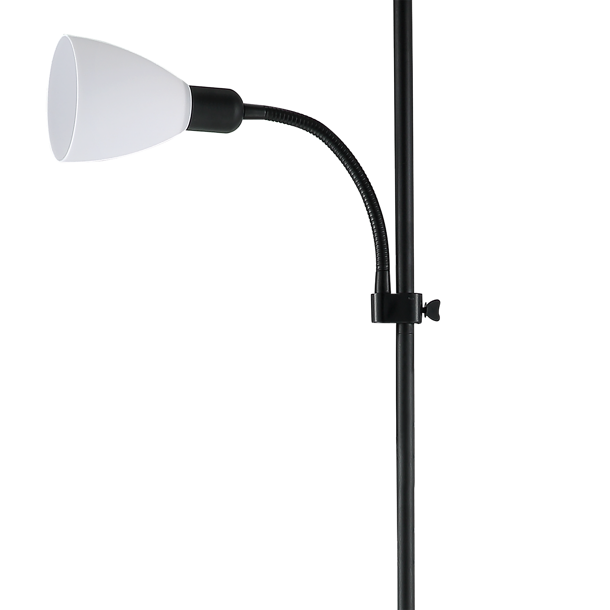 Elegante lámpara de pie negra con lector, ideal para el salón