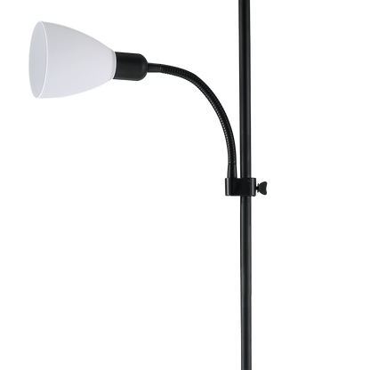 Elegante lámpara de pie negra con lector, ideal para el salón