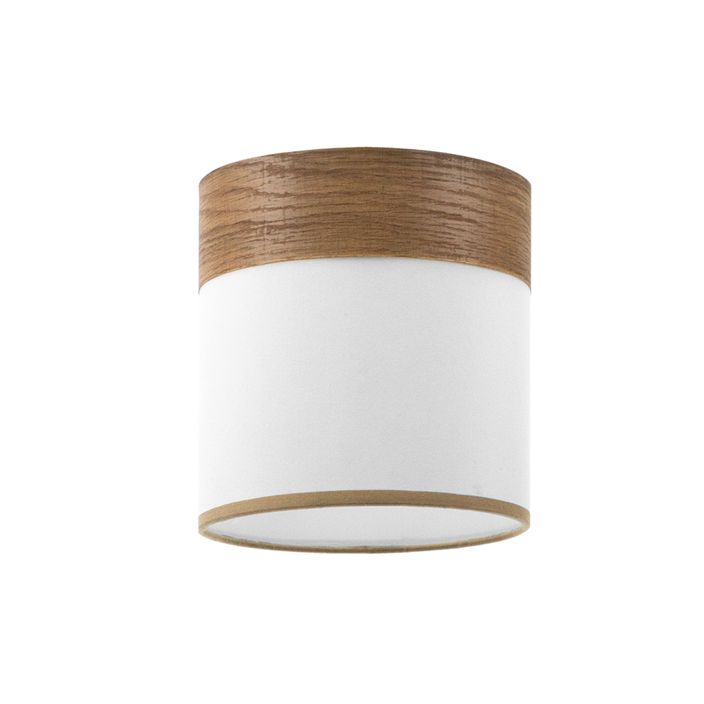 Pantalla de lámpara Cloe E14 blanca y madera oscura, vista frontal.