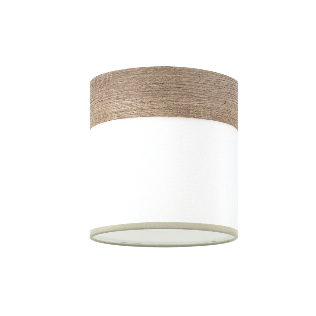 Pantalla lámpara Cloe E14 blanca y madera gris, vista frontal. Fabrilamp.