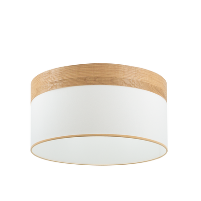 Pantalla colgante textil blanca y madera clara, perfecta para iluminar tu comedor