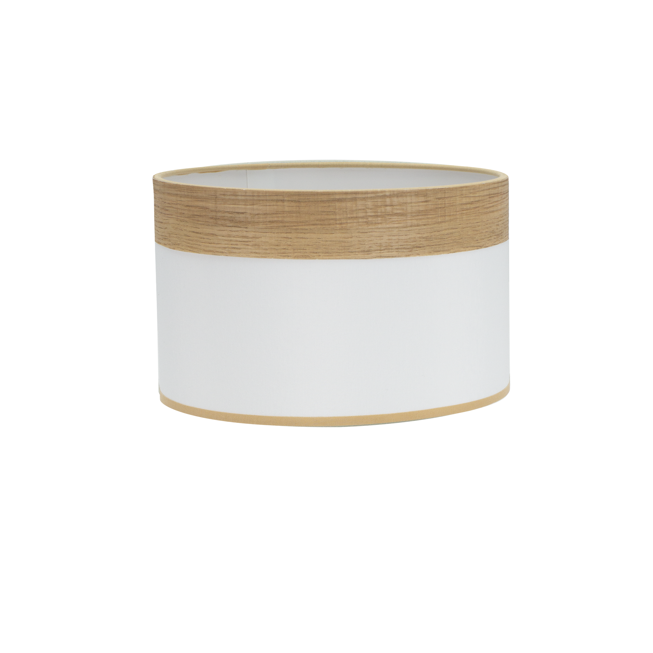 Pantalla de pie CLOE E27 blanca y madera clara, vista frontal. Fabrilamp.