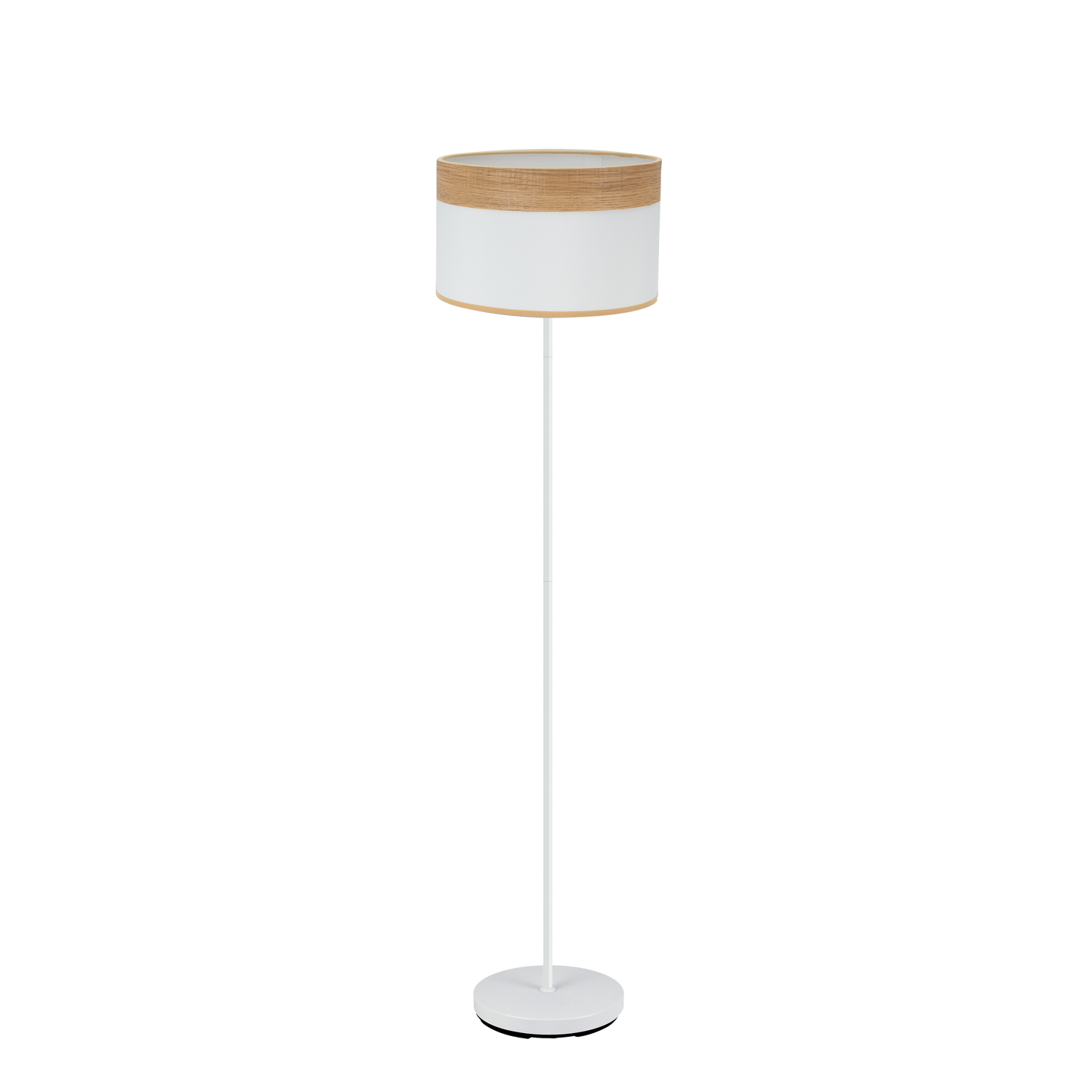 Lámpara de pie Cloe fabricada en metal y textil color blanco y madera clara