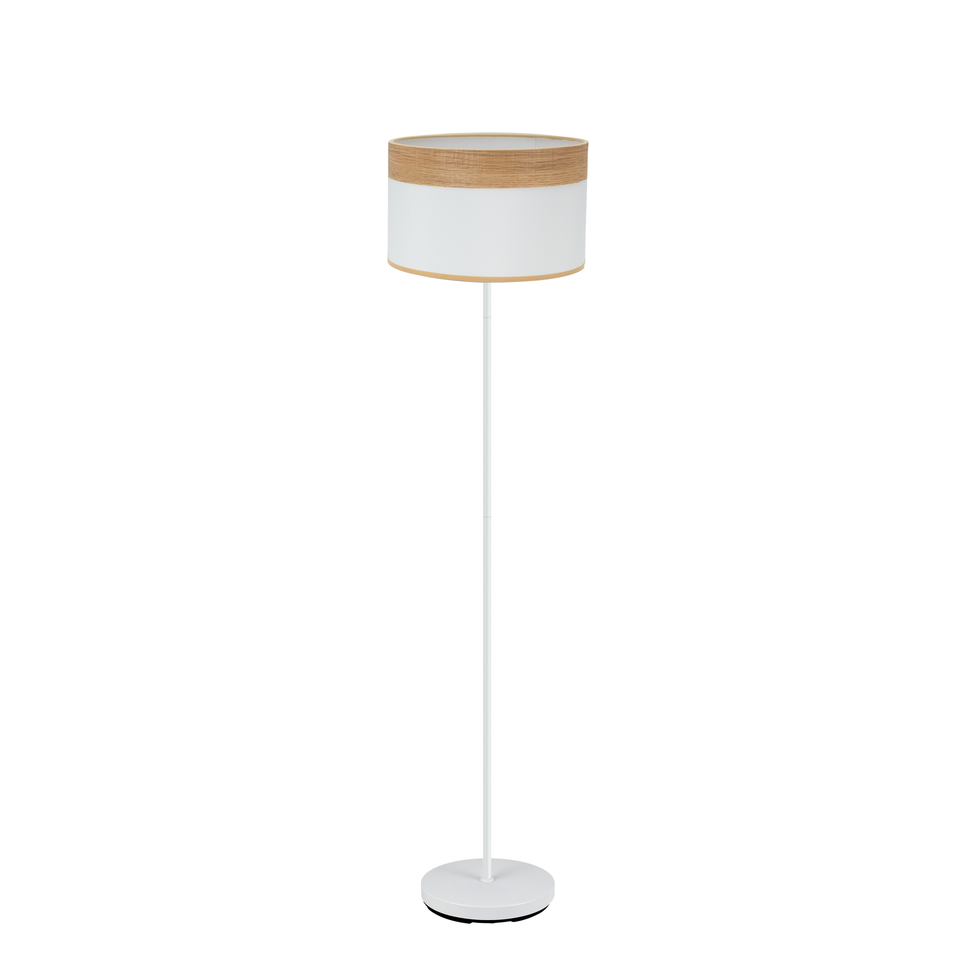 Lámpara de pie Cloe fabricada en metal y textil color blanco y madera clara
